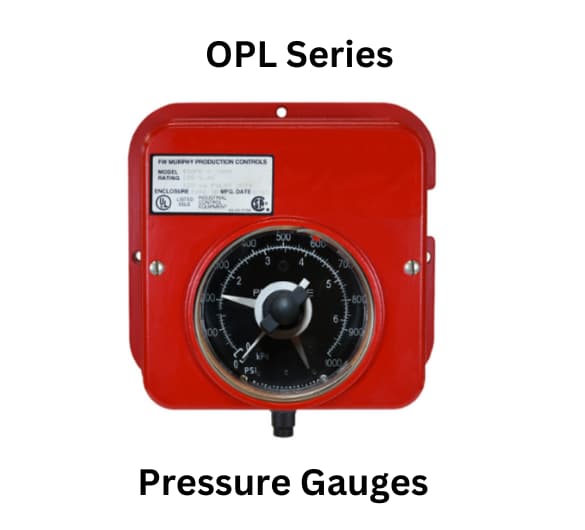 OPL Series pressure gauge in red, featuring the brand name FW Murphy, designed for precise pressure measurement